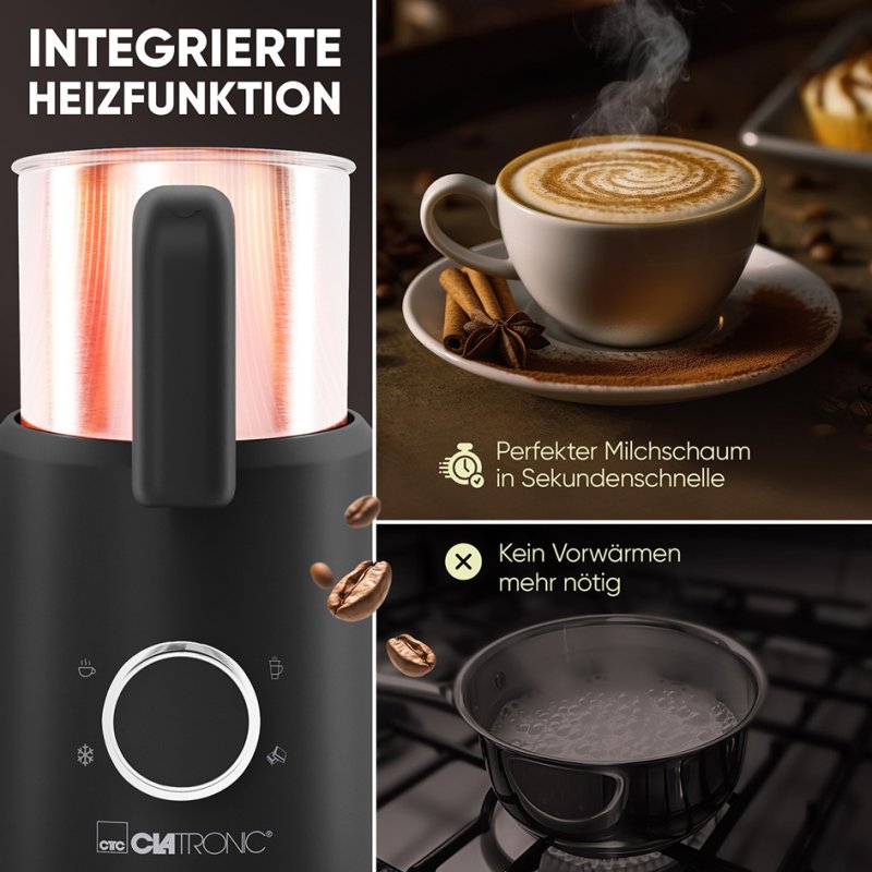 CLATRONIC mousseur à lait MS 3812, chaud et froid, acier inoxydable/noir, 740 ml